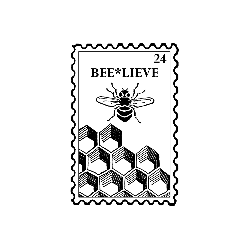 Faux postage with honeycomb and bee and "BEE*LIEVE", rubber stamp