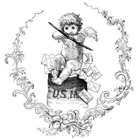 Cupid with bow and arrow sitting on a bag of mail, rubber stamp